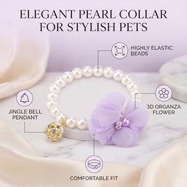 Collar de con Flor de Perlas con Campana, Collar Elástico Ajustable para Joyería de Cachorro, Ideal para Uso Diario (Purple)