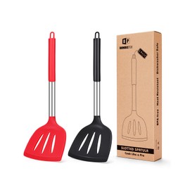 2er Set Silikon Spateln, Antihaft Küchen Turner, Hoch Hitzebeständigem BPA-freie Kochen, Geschlitzten Spateln, Idealem Kochgeschirr für Fisch Eier Pfannkuchen (Großer Schlitzspatel Schwarz Rot)