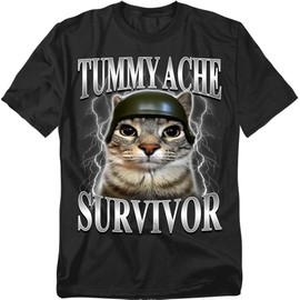 Popfunk Tummy Ache Survivor Cat Funny Animal Unisex Adult T Shirt, Black, Large
