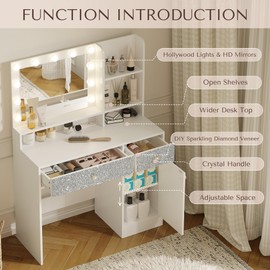 Vanity Desk with Mirror and Lights, Diamond Edition Vanity Desk, Makeup Vanity Table with 3 Drawers & 5 Open Shelves, Adjustable 3 Colors LED Lighted for Women Girls Bedroom, Glam Up Your Vanity