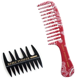 Bablo Pomade Grooming Jumbo Comb (Red Bandana Paisley Pattern) & Mesh Comb (Black) Set, Coarse Comb, BARBER Barber, Made in Japan