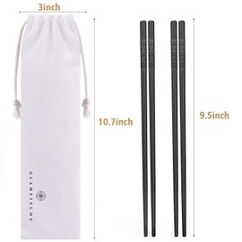 5 Pairs Fiberglass Chopsticks, GLAMFIELDS Reusable Japanese Chinese Chop sticks Dishwasher Safe, Non-slip, 9 1/2 inches - Black with Multi-purpose Drawstring Bag Carrying Case
