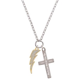 Delight Jewelry Goldtone Large Clear Crystal Lightning Bolt - Bless and Keep You Engraved Cross Zoey Necklace, 28"