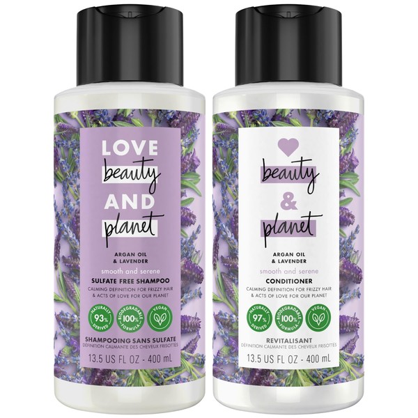 Love Beauty Planet Shampoo and Conditioner Set - Sulfate-Free Shampoo and Conditioner with Argan Oil & Lavender, Argan Oil Shampoo and Conditioner Set, Anti-Frizz Hair Products for Women, 13.5 Oz (2 Piece Set)