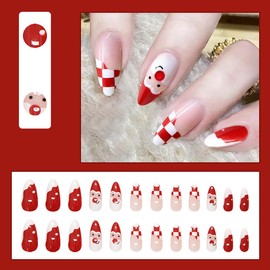 24Pcs Christmas French Tip Press on Nails Medium Almond Fake Nails Cute Santa Claus Full Cover Acrylic Nails Red Glossy Glue on Nails Xmas False Nails for Women Winter Stick on Nails Set