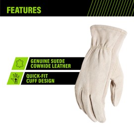 AWP Suede Leather Cowhide Work Gloves for Men and Women, Made with Genuine Cowhide Leather, Large