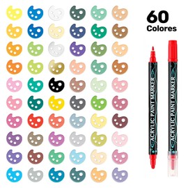 CROSPIN 60 Colores Plumones Acrilicos Doble Punta, Rotuladores de Pintura Acrílica, Marcadores Acrilicos de Pintura Premium para Pintura Vidrio, Tela, Kit de Calabazas, Manualidades Diy