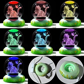 Crystal 3D Cat Themed Gifts for Women, 60mm Crystal Ball Engraved Cat and Butterfly Figurine Collectible Ornaments Gifts for Cat Lovers for Birthday Christmas