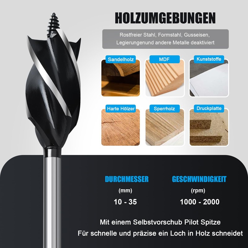 3-Piece Wood Drill Bit 8 mm x 165 mm Hex