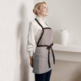 Y.F.H sunbest Kitchen Cooking Stripe Short Waitress Apron Adjustable Halter Soft Women with 3 Large Capacity Pockets Server Apron (White+Brown)