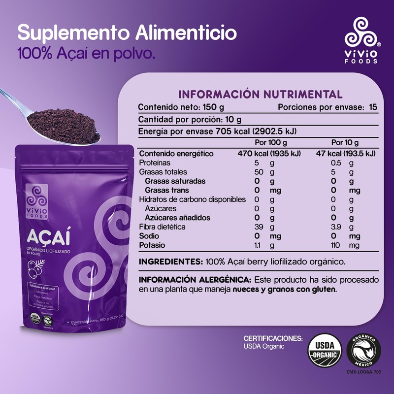 Vivio Foods, Acai Orgánico En Polvo, 150 gramos