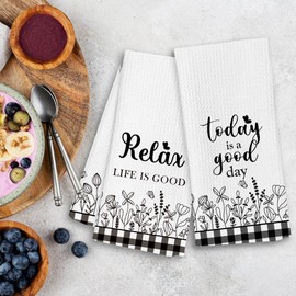 Black and White Floral Inspirational Kitchen Towels Set of 2, Life is Good Dish Towels Tea Towels for Kitchen, Today is a Good Day Hand Towels for Bathroom, Relaxation Gifts for Women, 16x24 Inch