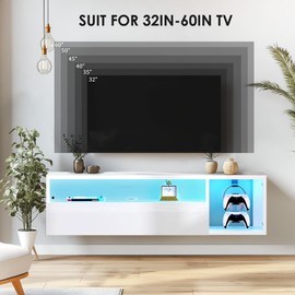 Wall Mounted TV Stand, 39 inch Wood TV Stand with LED lights, High Glossy Entertainment Center with Large Drawers＆Glass Display Shelf, Modern Media Gaming Cabinet TV Console for Livingroom, Bedroom