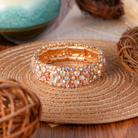 EVER FAITH Round Crystal Wedding Vintage Style Floral Stretch Bracelet Iridescent Clear AB Gold-Tone