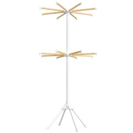 SONGMICS Clothes Drying Rack 2-Tier, with Bamboo Hanging Rods, Foldable Metal Laundry Rack, Space-Saving, Free-Standing Airer, Indoor Use, White and Natural ULLR517W01