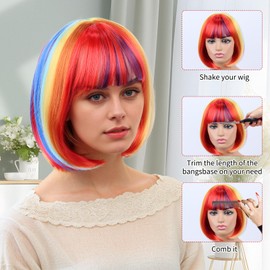 Vibrant Rainbow Bob Wig with Pink Luminous Mosaic Glasses Fashionable, Versatile & Comfortable for Parties, Cosplay & Everyday Wear Ideal for Women