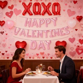 16" Pink Happy Valentines Day Heart Balloons, XXOO Valentines Day Banner Decorations as Party Supplies, Valentine's Day Decor for Home Office Classroom