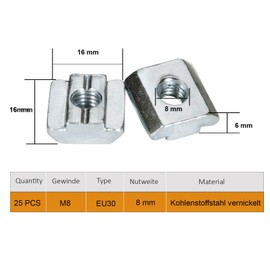 Pack of 25 T-Slot Nuts M8 Slot 8 for Aluminium Profile 30 x 30 mm, Nickel-Plated Carbon Steel