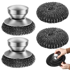 4 pcs Stainless Steel Scourer, Steel Wool Scrubber with Handle and 2 Replacement Pads Scrubbers for Cleaning Dishes Cast Iron Stock Pots Pans Griddles Grills