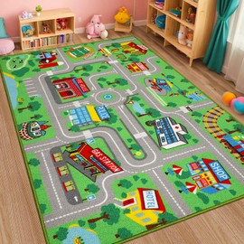 Ythropon Kids Rug Car Play Mat 5.2'x3.3',Green Kids Rug for Toy Cars,Non-Slip Town City Map Carpet Play Mat,Traffic Road Kid Educational Learning Car Rugs for Children Room Playroom Nursery