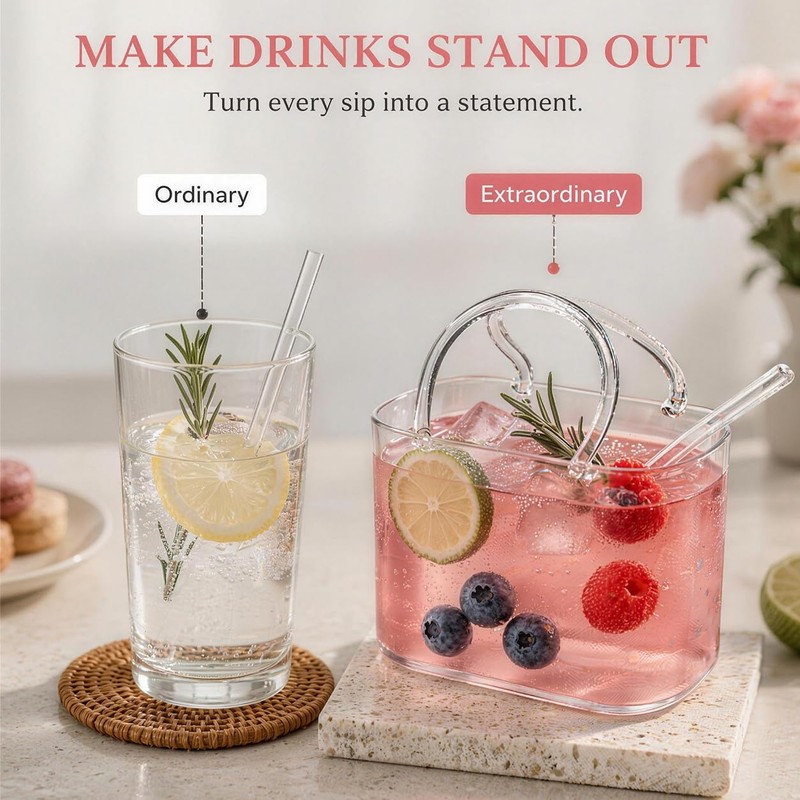 Glass Purse Cup with Straw, for Cocktail Wine Juice Tea,