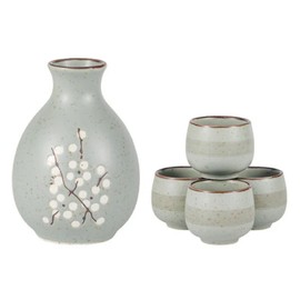 Ebros Gift Traditional Ceremony Blue Plum Sakura Cherry Blossoms Porcelain Pottery Japanese Rice Wine Sake 5 Piece Set Of 1 Tokkuri Serving Flask 9oz With 4 Ochoko Cups 1.5oz