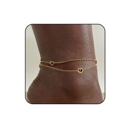 PINCHUAN Gold Ankle Bracelets for Women 14K Plated Gold Waterproof Anklet Stainless Steel Anklet Cuban Link Chain Layered Heart Ankle Bracelet, Adjustable, no gemstone