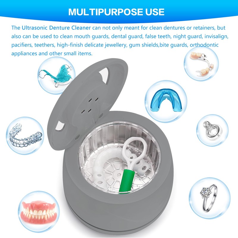 Ultrasonic denture cleaner for dentures, mouth guards, braces, toothbrush heads,