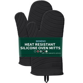 Beneno Heat Resistant Silicone Oven Mitts BPA-Free, Non-Slip Textured Grip & Quilted Cotton Lining, Waterproof Kitchen Mitt 2-Pack Set, 7"x13", Black