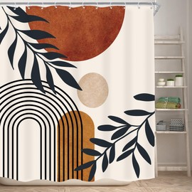 KOMLLEX Boho Abstract Mid Century Shower Curtain Modern Aesthetic Leaves Neutral Minimalist Geometric Arch Brown Sun Plant Fabric Waterproof Polyester 12 Pack Hooks 72Wx72H Inches Bathroom Decor