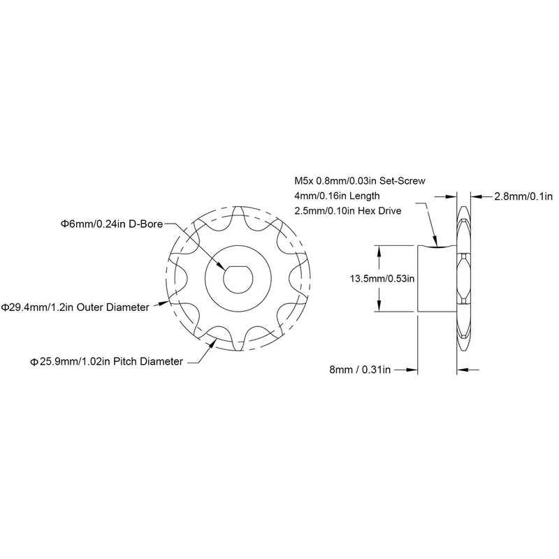 Pinion, Adjustment Screw Pinion Compact Steel 10 Teeth 6 mm