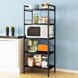 Denkee Kitchen Bakerâs Rack with Storage, Industrial 5-Tier Microwave Oven Stand Shelf, Free Standing Kitchen Storage Shelf Rack, Coffee Bar Station (23.62 L x 15.7 W x 60.28 H, Black)