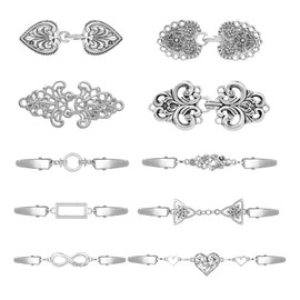 Akeoqi 10Pcs Vintage Sweater Shawl Clips Retro Cardigan Swirl Cape Cloak Collar Clasps Hearts Flowers Geometric Patterns Brooches Dress Jackets Shirt Waist Cincher for Women Men Silver Plated
