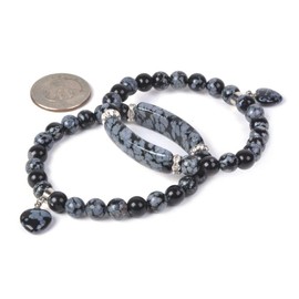 Natural Snowflake Obsidian Gem Semi Precious Gemstone Love Heart Charm Stretch Bracelet