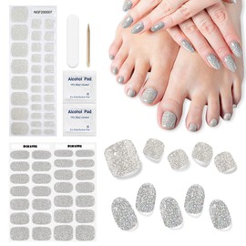 DUKASOU Gel Nail Stickers, Semi Cured Gel Nail Strips & Toenail Stickers 2 Set (Shiny Silver),Long Lasting, Gifts for Women, Works with UV Lamp, Includes Prep Pads, NailFile & Wooden Stick