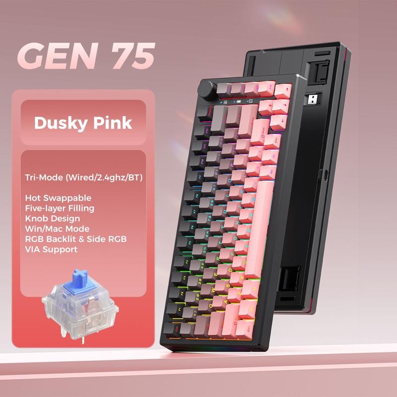 ElecFox GEN75 Wireless Gaming Mechanical Keyboard with Metal Knob Control,