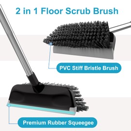 ITTAR Multi-Purpose Scrub Brush with Long Handle, 10" Wide Stiff Bristles Floor Cleaning Brush, 2-in-1 Heavy-Duty Shower Scrubber Brush for Deck, Patio, Pool, Kitchen, Garage, Shower Floor-Black