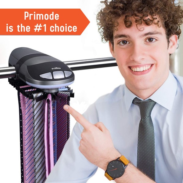 Primode Motorized Tie Rack Stores Up to 50 Ties– Closet Organizer, Holds & Displays Up to 50 Ties Or Belts, Rotation Operates with Batteries. Great Gift Idea for Fathers Day