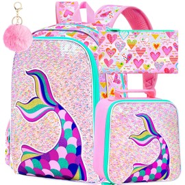 CCJPX 16" Mermaid Backpack for Girls, 3Pcs Kids Sequin Bookbag with Lunch Box, Water Resistant Elementary School Bag for Kindergarten Preschool Toddler (Pink)