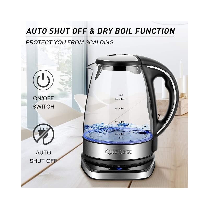 QUEENSENSE 1.7L Blue LED Light Electric Hot Water Glass Kettles