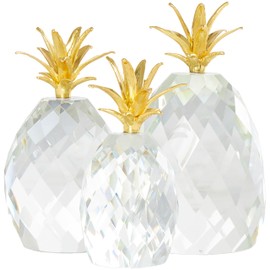 Deco 79 Crystal Fruit Decorative Sculpture Faceted Pineapple Home Decor Statues with Gold Leaves, Set of 3 Accent Figurines 7", 7", 5"H, Clear