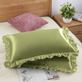 SiinvdaBZX Ruffled Queen Satin Pillowcase Set of 2, Sage Green Silky Satin Pillow Cases for Women Ruffle Pillow Shams Covers Princess Room Decoration, with Envelope Closure