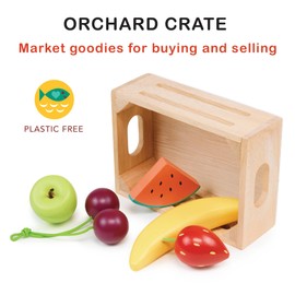 Mentari Toys - Orchard Crate - 6pc Wooden Crate with Colorful Fruit - Market Pretend Play Toy Food - Play Kitchen Accessories - Imaginative Play Set for Toddlers and Kids - Age 3+