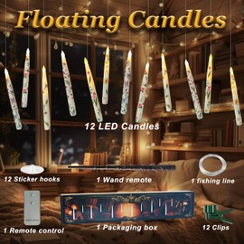 Floating Candles with Wand Remote Timer 12PCS Floral Flameless Taper Candle LED Magic Hanging Candlestick Battery Operated Floating Candles with Flowers for Dinner Home Wedding Garden Party Decor
