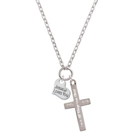 Delight Jewelry Silvertone Small Jesus Loves You Heart - I Can Do All Things Engraved Cross Zoey Necklace, 28"