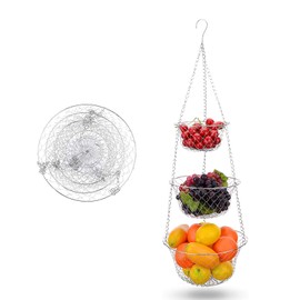 LxwSin 3 Tier Hanging Fruit Stand Basket Hanging Bowl Metal Wire Heavy Duty Kitchen Fruit Vegetable Flower Plants Silver