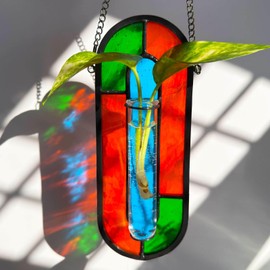 LITMIND Multi-Color Stained Glass Propagation Station - Handcrafted Translucent Suncatcher Planter with 2 Tubes, Hanging Hydroponic Décor for Windows & Garden