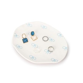 Koythin Ceramic Jewelry Tray, Cute Blue Bow Jewelry Dish for Women, Aesthetic Room Decor Trinket Dish for Birthdays Christmas Mother's Day (Blue Bow)