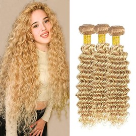 P27/613 Human Hair Bundles Honey Blonde Deep Curly Bundles Human Hair Ombre Blonde Loose Deep Wave Bundles Double Weft Brazilian Remy Hair Soft And Silky Bundles Extensions 10 12 14 Inch