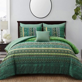 Boho Green Comforter Set King Size,8 Piece Bed in a Bag Bohemian Striped Bedding Quilt Set,Dark Green Paisley Floral Comforter and Sheet Set,Soft Microfiber Complete Bedding Sets for All Season